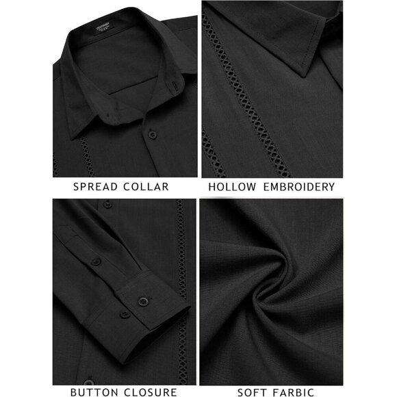 ❤️Mens Black Cuban Shirt Casual Button Down  Long Sleeve Beach Linen Shirts - Picture 6 of 7